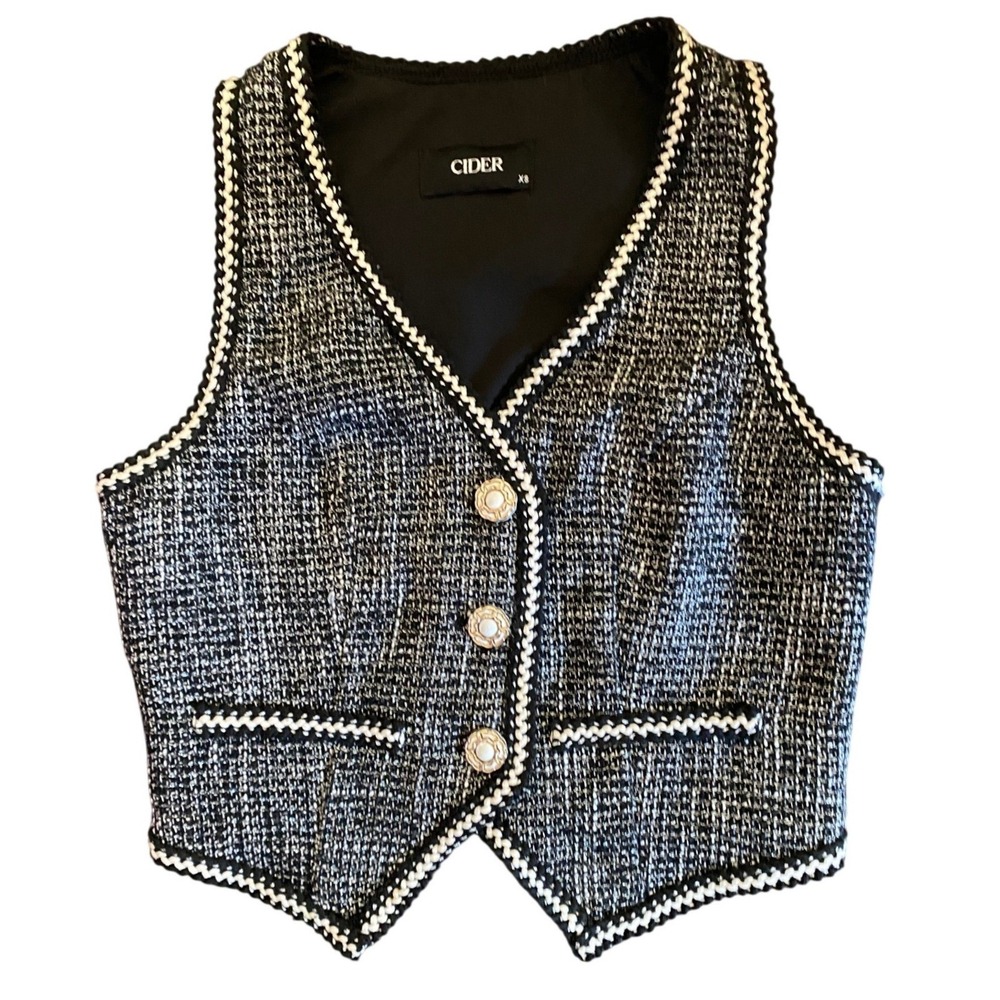 Cider Wmns Black White Tweed Cropped Vest Braided Trim Pearl Button XS CD202305